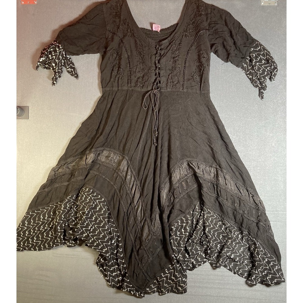 Black Embroidered Fairy Boho MIDI Dress Whimsigoth Free Size